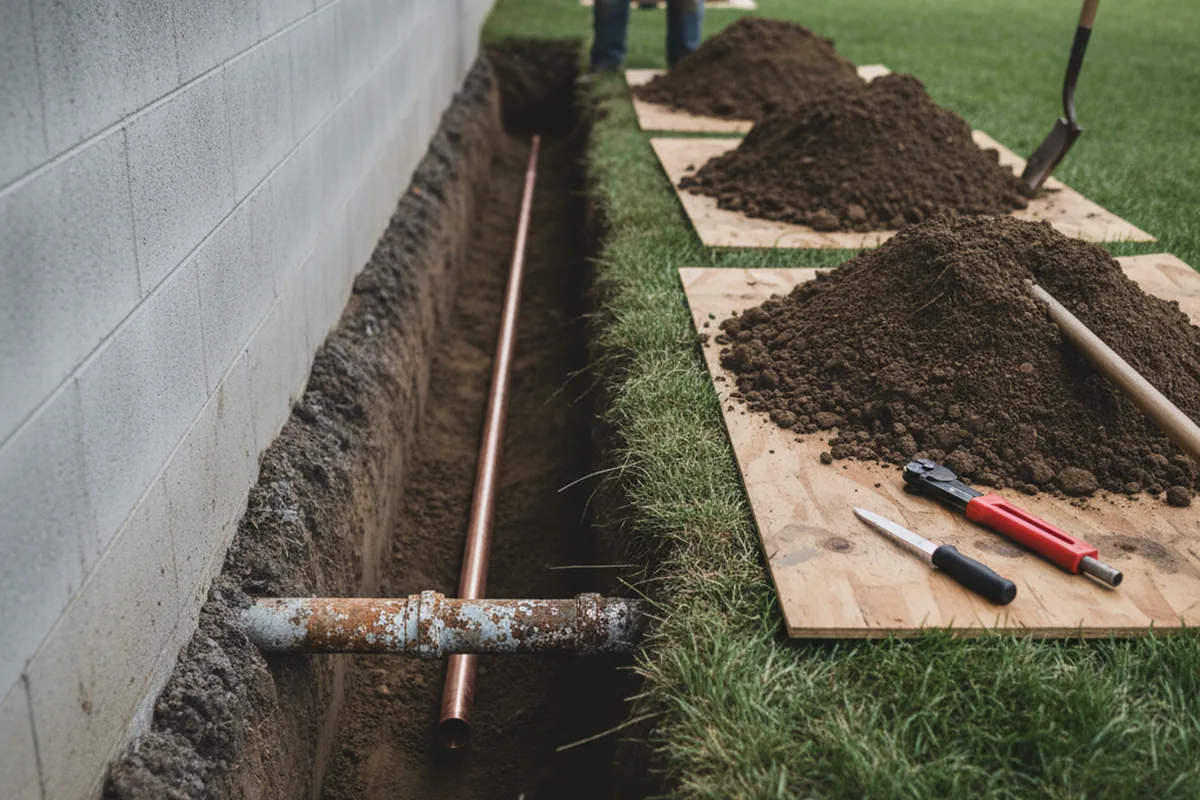Excavated water line trench during Sewer Line Repair in Horn Lake